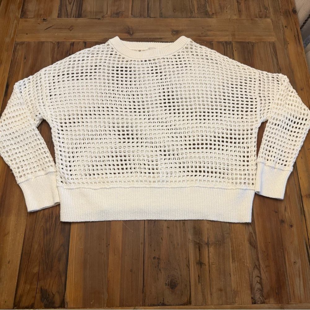 Women's Open-Knit Crew Neck Pullover Cream Sweater Size XL